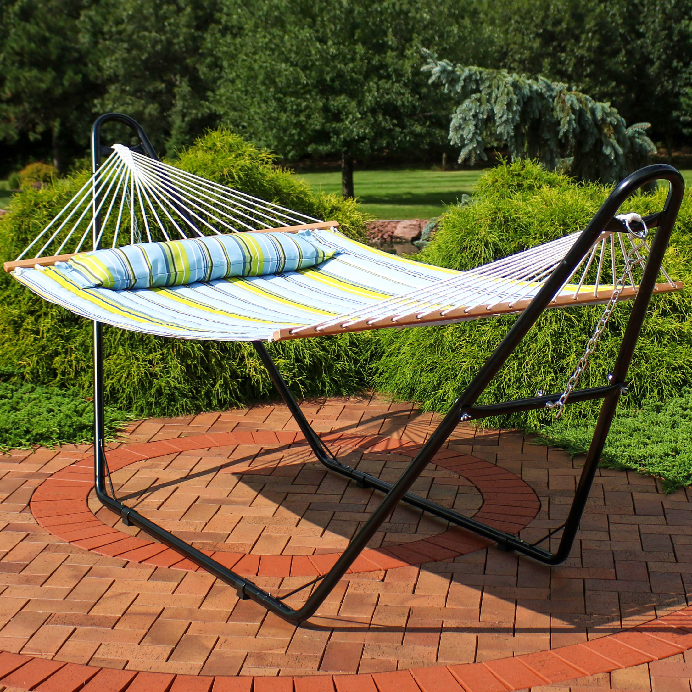 Sunnydaze 2-Person Polyester Spreader Bar Hammock with Stand, 450 lb Capacity - Blue and Green