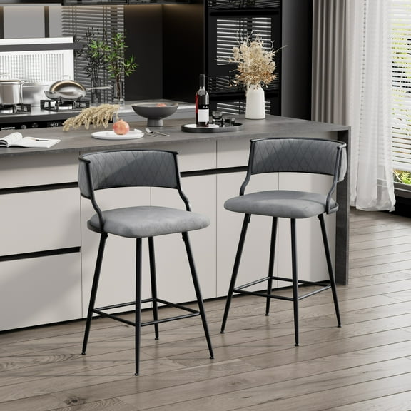 KATBOC Height Bar Stools Set of 2, PU Upholstered Stools Modern Design with Footrest, Cloud-Like Comfort for Kitchen Island, Home Office, Cafe, Gray