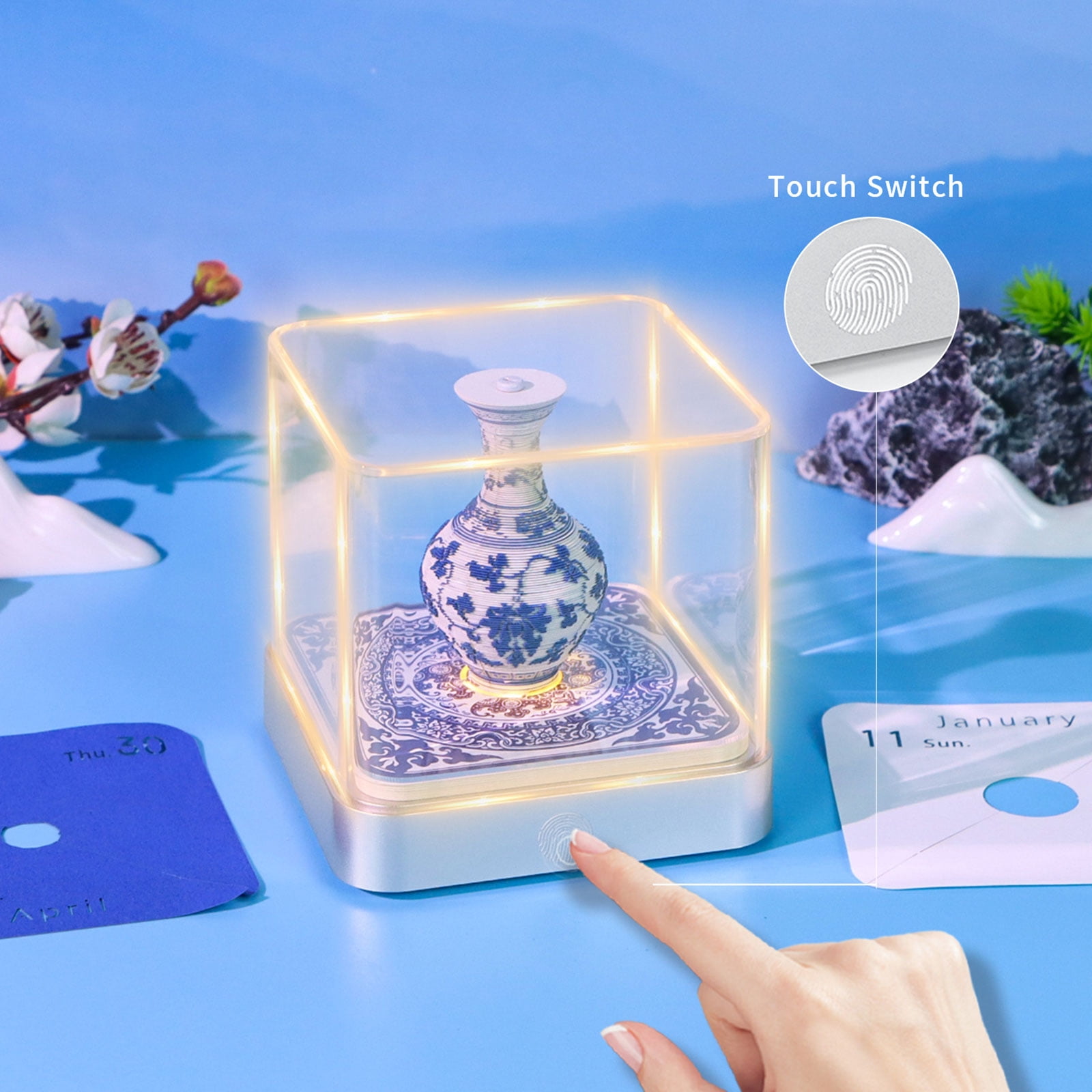 2026 3D Paper Sculpture Calendar Featuring traditional Blue And White Design Crafted For Study Area Table Display