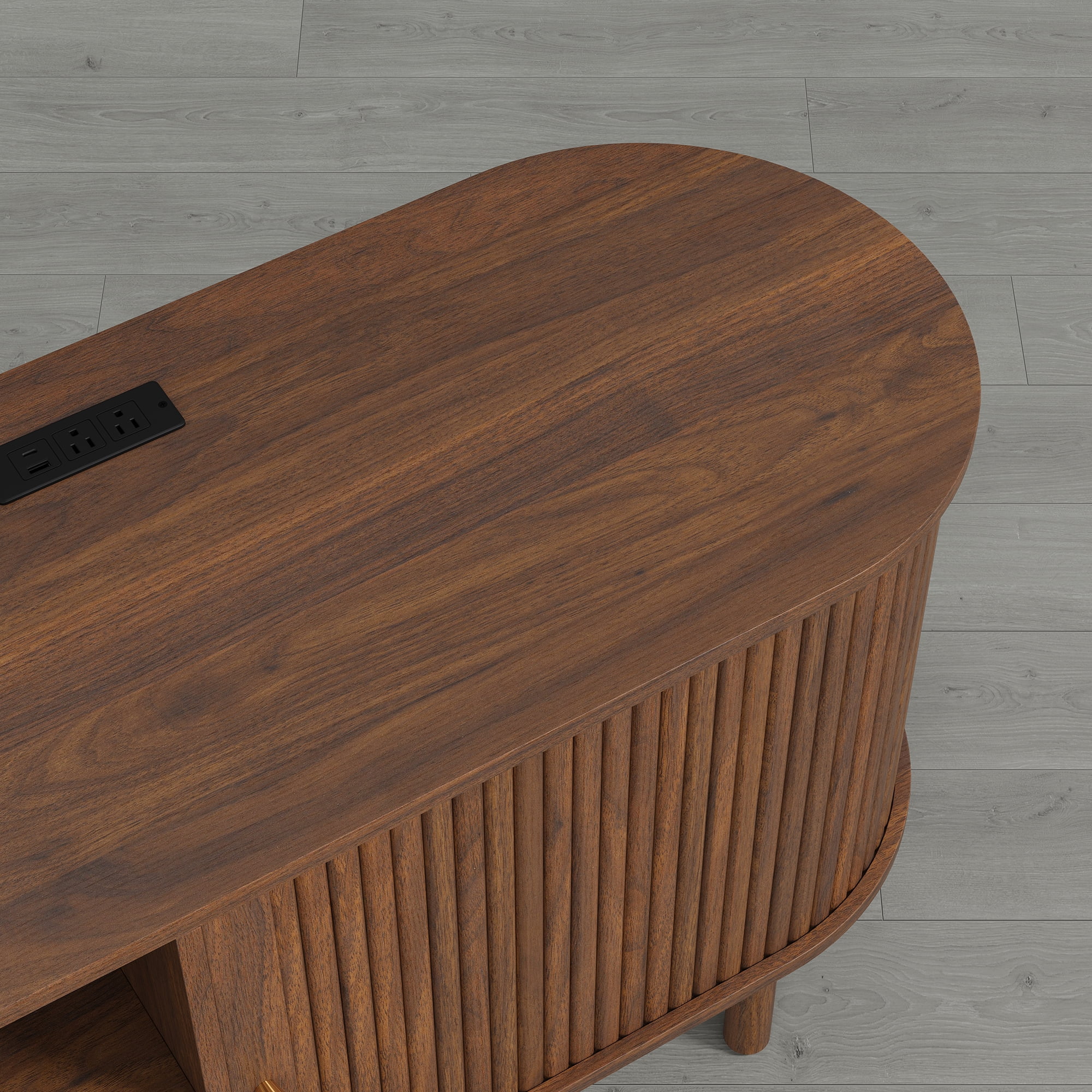 Spruce & Spring Tambour TV Stand with Power Outlet, Mid-Century Modern Entertainment Center, Rattan Drawer & Fluted Sliding Doors, Solid Wood Legs & Cable Management, Walnut, for TVs up to 80 Inch