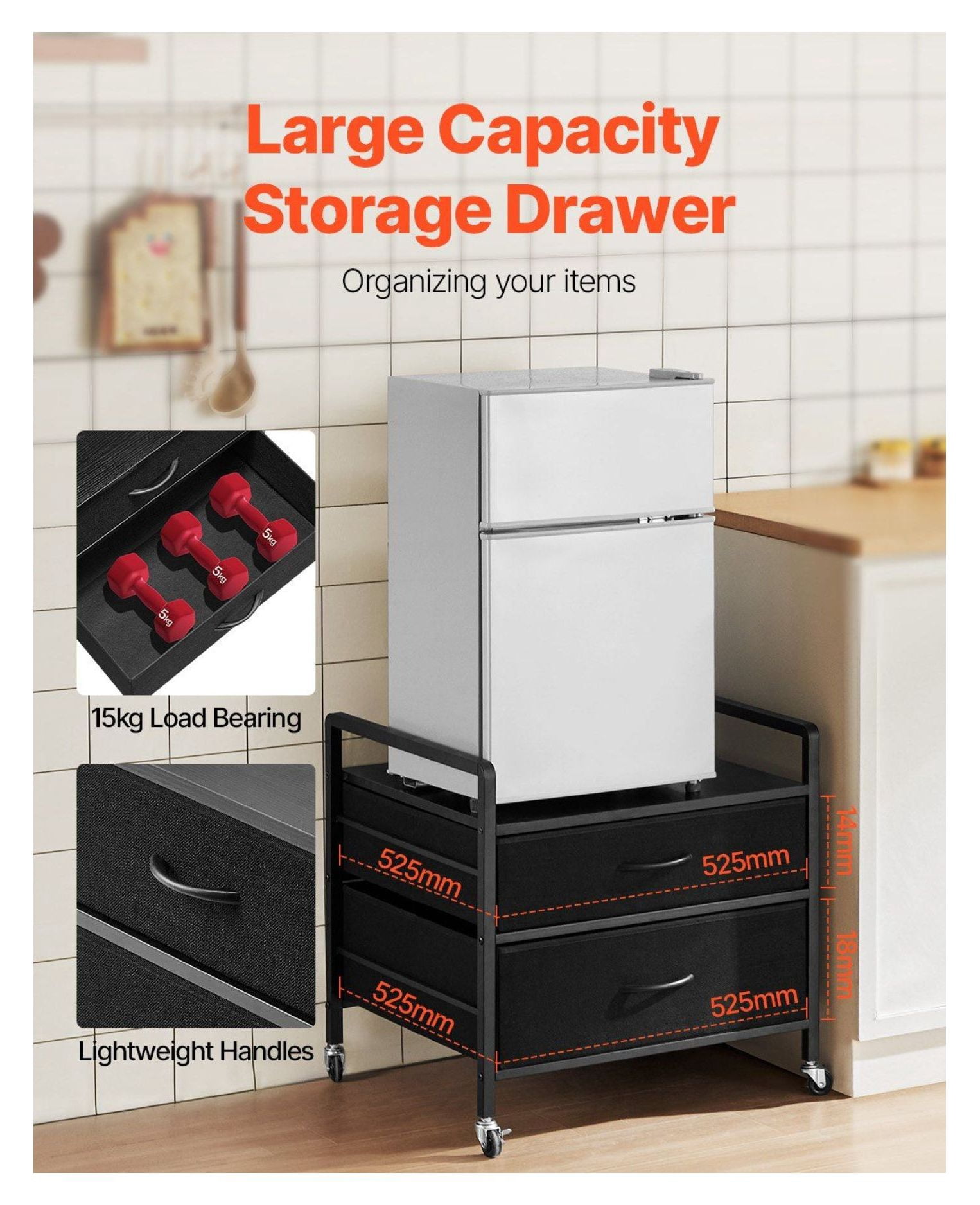 Mini Fridge Stand with Storage, 176 lb Capacity, 2 Drawers & Wheels - Black Organizer for Dorm, Apartment, Office - Mobile Mini Fridge Table