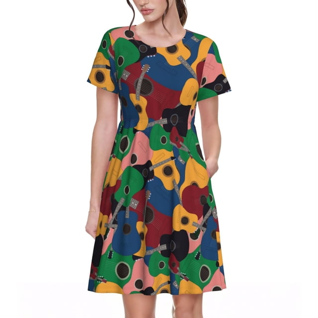 Balery Colored Guitars Vestidos sueltos de manga corta para mujer, vestidos de verano 2025, vestidos casuales de corte A con vuelo.