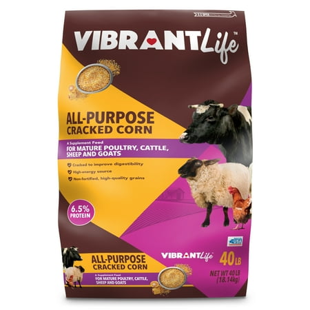 Vibrant Life All-Purpose Cracked Corn Animal Feed for Mature Poultry, Cattle, Sheep, and Goats, 40 lb