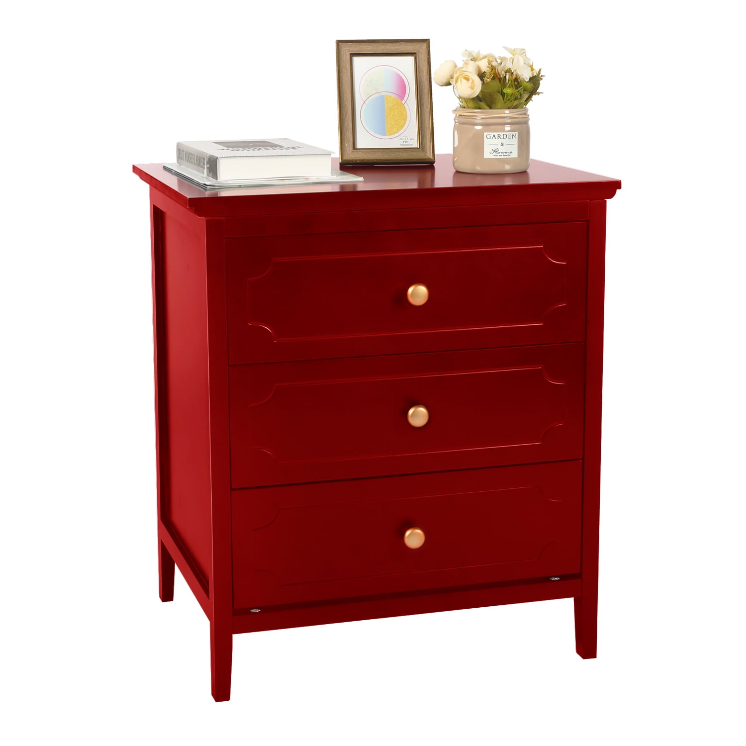 3 Drawer Nightstand Red Side Table Bedroom End Table for Living Room