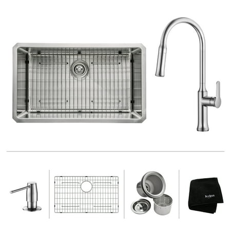 Stainless 2 Bowl Sink Undermount KRAUS 30 Inch Undermount Single Bowl 16 Gauge Stainless Steel Kitchen Sink with Nola Pull Down Kitchen Faucet & Soap Dispenser in Chrome ()