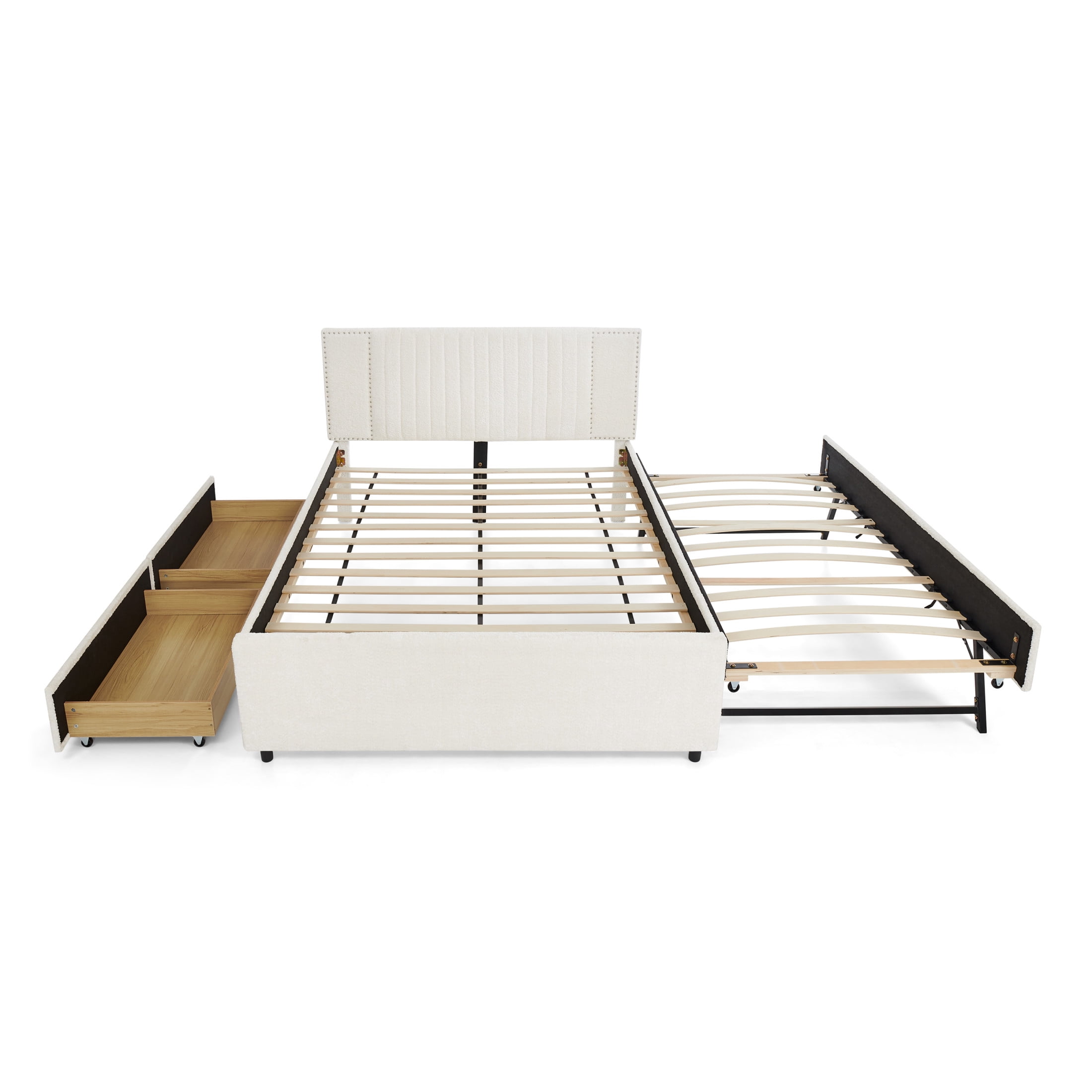 Noble House Luxen Queen Chenille Upholstered Bed, Vertical Tufted Daybed with Pull-out Trundle and Storage Drawers, Beige