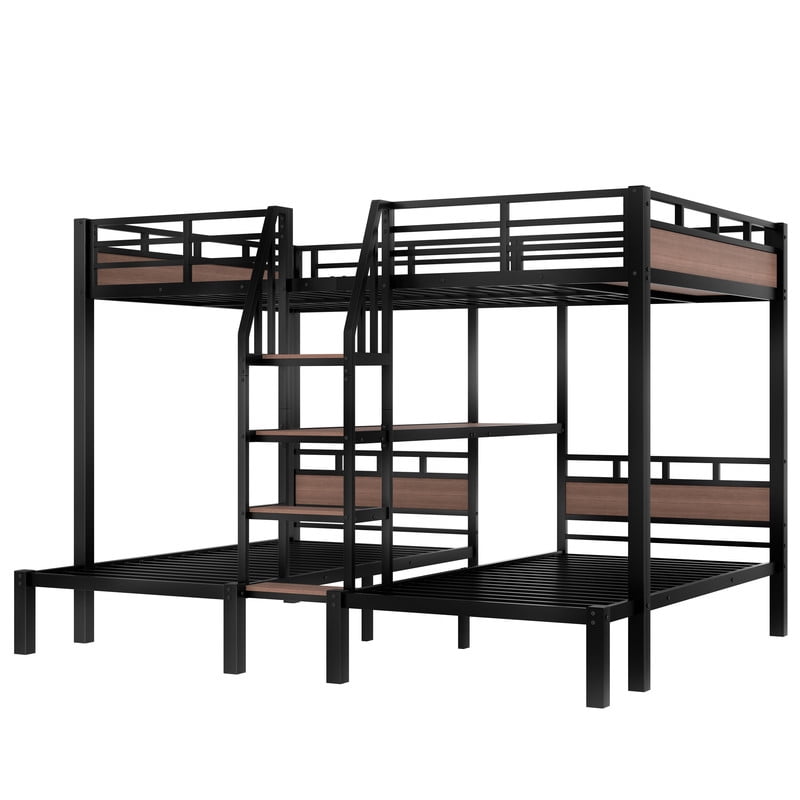 Queen/Twin/Twin Triple Bunk Bed, Kids/Teens Metal Bed Frame with Multi-functional Storage Stairs, Accent Two-Tone Platform Bed
