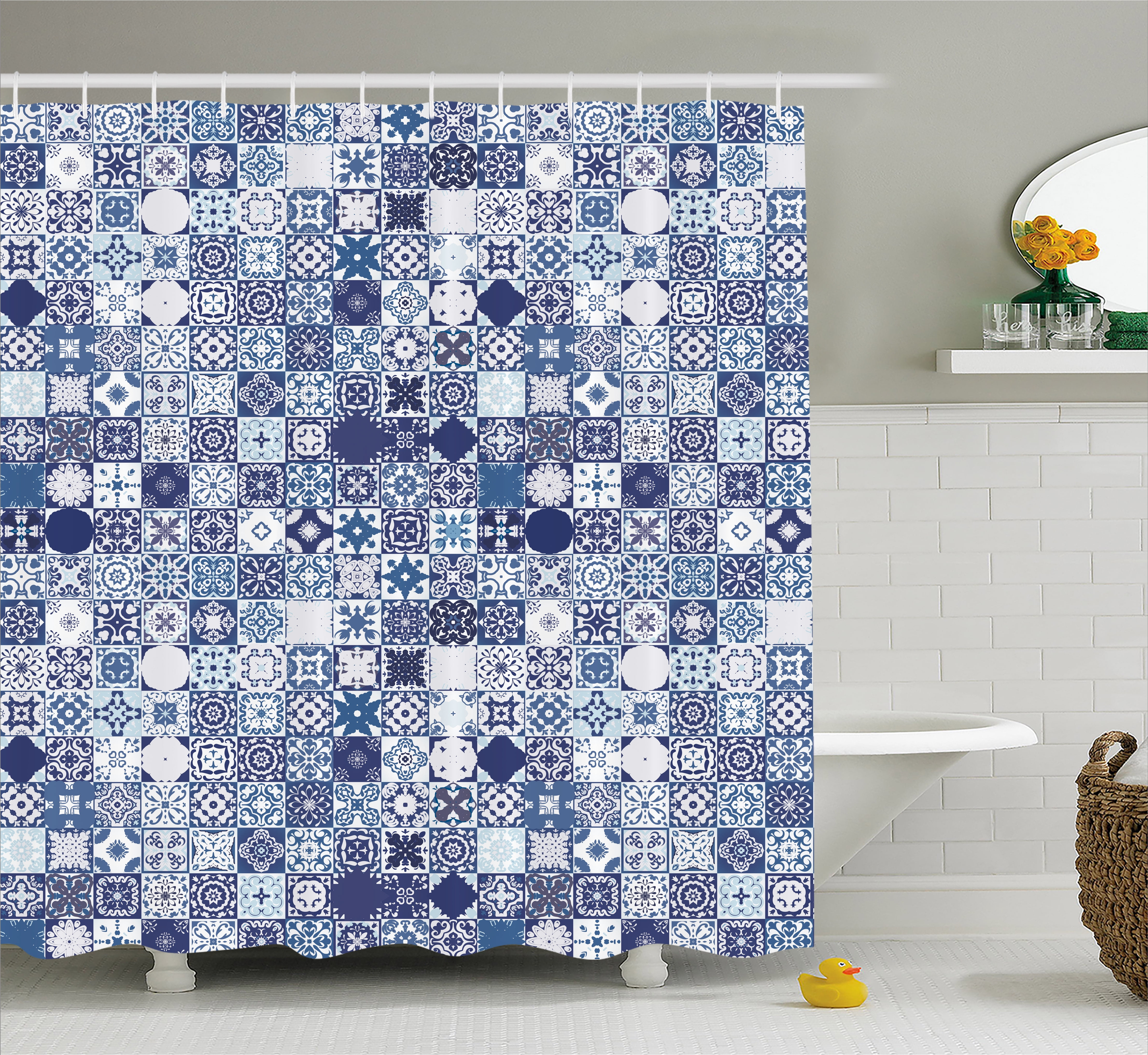 Moroccan Shower Curtain Patchwork Style Geometric Squares With Various Portuguese Pattern Fabric Bathroom Set Hooks 69w X 75l Inches Long