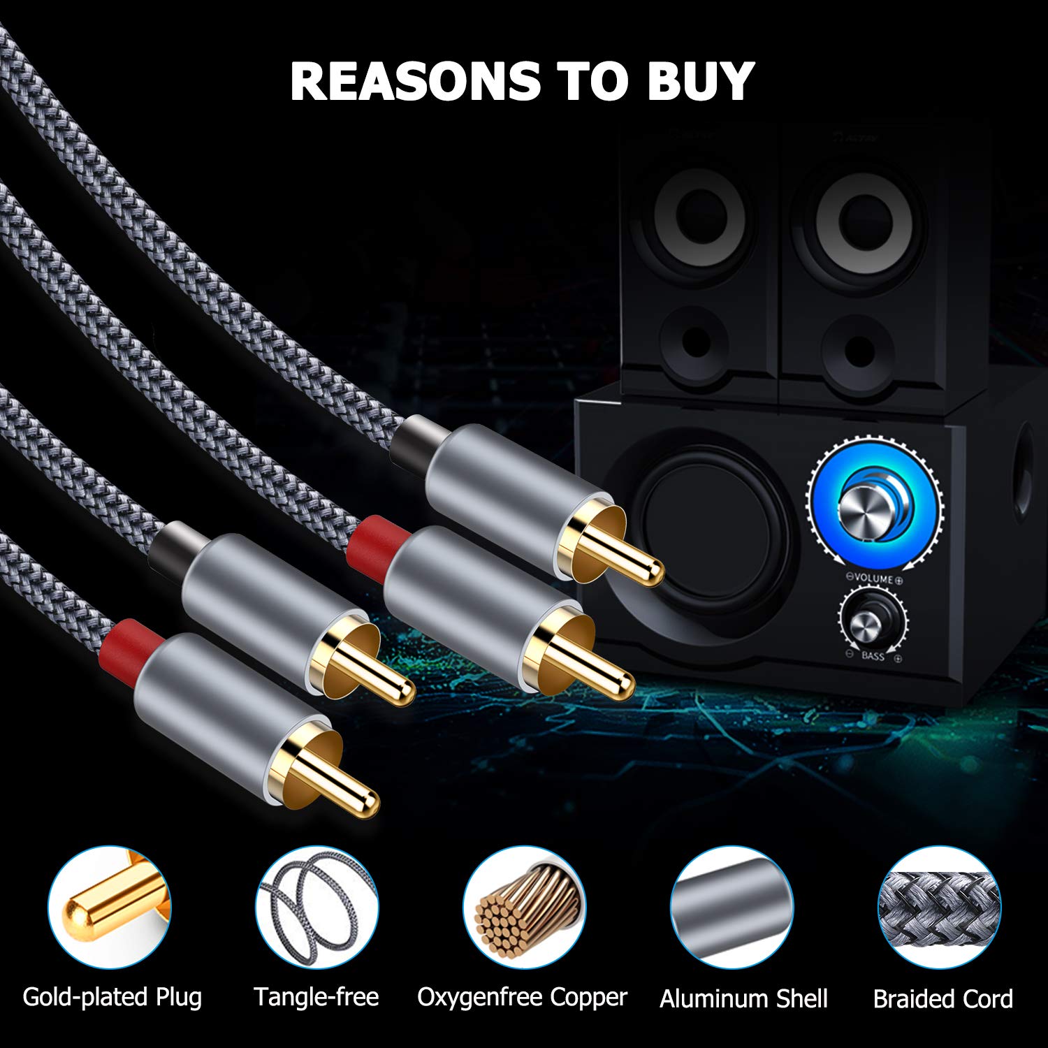 2-Male to 2-Male RCA Audio Stereo Subwoofer Cable - 6-Foot Hi-Fi Sound Cable - image 3 of 7