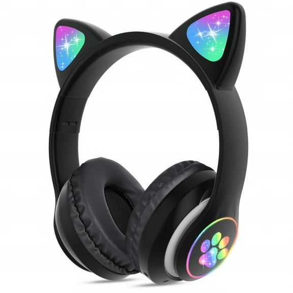 Kids Wireless Headphones Cat Ear LED Light Up Bluetooth Foldable Headphones Over Ear with Microphone for Girls Boys School Online Learning (Black)