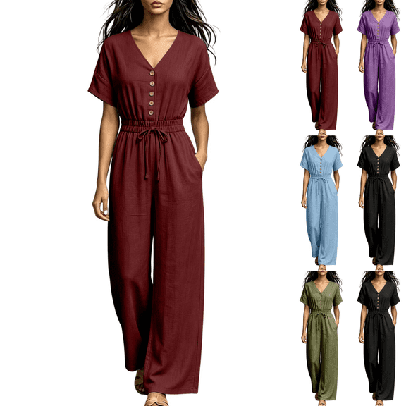 Sunnin Women Wide Leg Long Pants with Pockets V Neck Drawstring Waist Casual Loose Jumpsuit Pants for Women