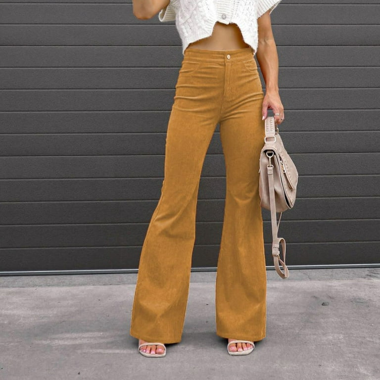 XFLWAM Women's High Waist Flare Pants Casual Wide Leg Bell Bottom Leggings  Solid Color Plus Size Long Trousers with Pockets Khaki XXL