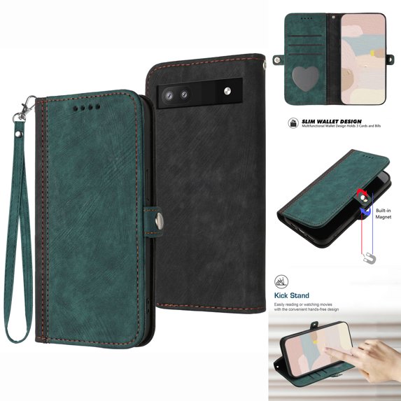 Mantto Wallet Case for Google Pixel 6A, Premium PU Leather Card Slots Holder Soft Silicone Shockproof Flip Folio Case with Kickstand Magnetic Clasp Handbag Wrist Strap Glossy Cover,Darkgreen