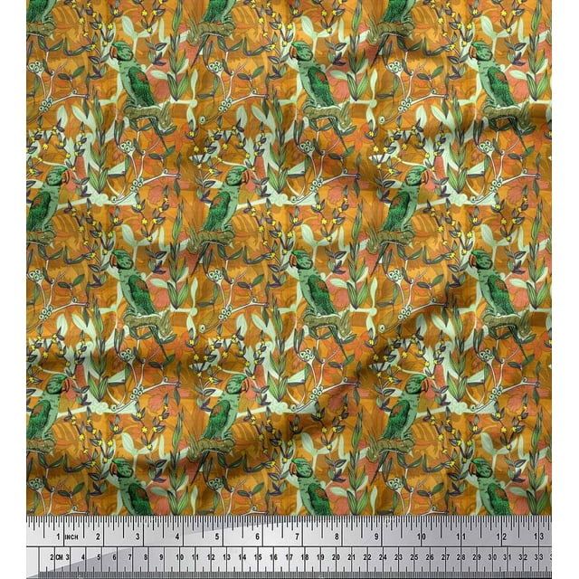 Soimoi Poly Georgette Fabric Leaves, & Parrot Bird Decor Fabric Printed Yard 42 Inch Wide
