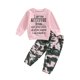 thumbnail image 1 of Conjunto de dos piezas para bebé niña: sudadera de manga larga con estampado de letras y pantalones elásticos con estampado de camuflaje., 1 of 9