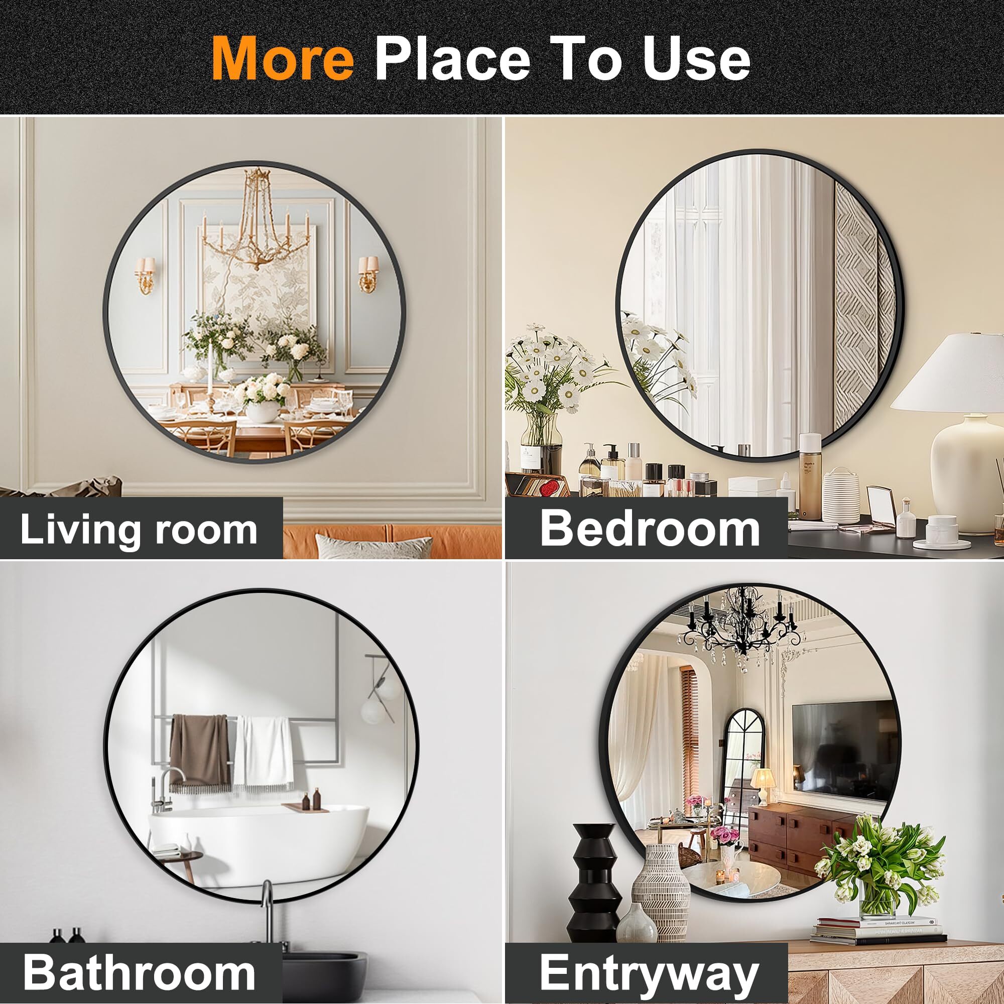 Gleamira 18" Round Wall Vanity Mirror Bathroom Mirror with Aluminum Alloy Frame, Black