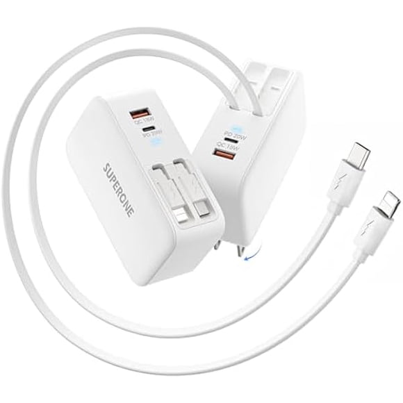 LinQingQ SUPERONE Retractable iPhone Charger, 4-Port USB C Charger Block, iPhone Chargers Fast Charging with USB C & Apple Cable, Wall Chargers for iPhones 17/16/15/14/13/12/11 Series, Pad, Samsung, P