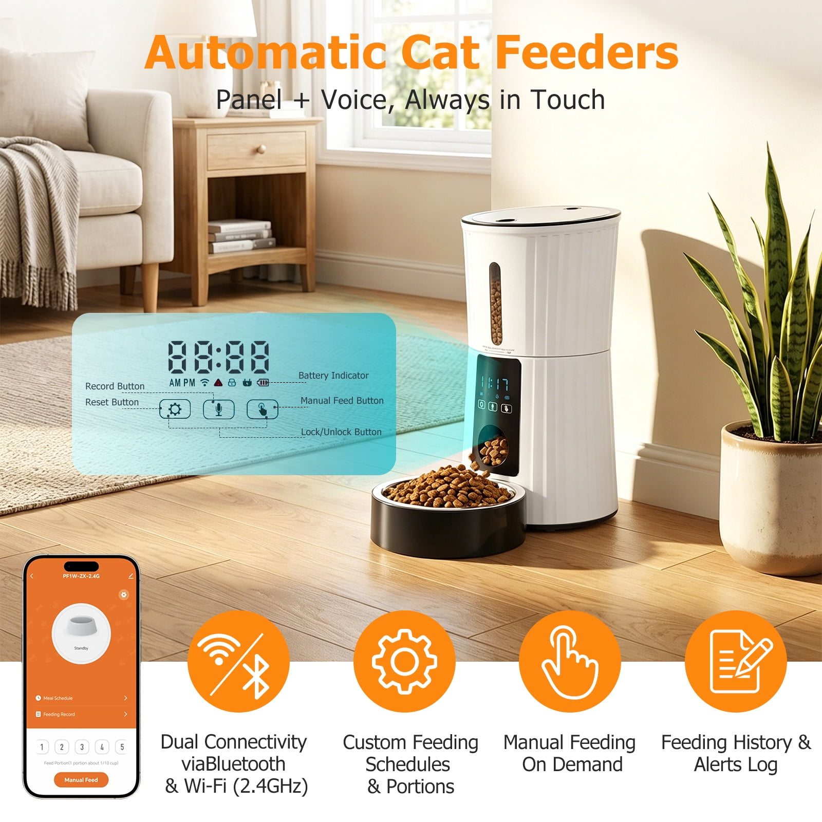 Atilioo Automatic Cat Feeder, 4L WiFi Pet Food Dispenser with App Control, Dry Food, Dual Power Supply, Timed Portion Control for Cats & Small Dogs, White