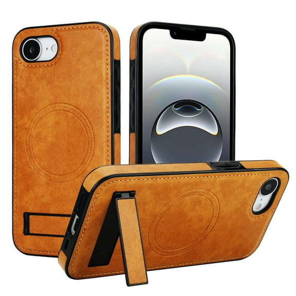 Allytechgroup Case for iPhone 16e/ iPhone 17e, Hidden Kickstand PU Leather [Compatible with MagSafe] [Anti-Drop & Shockproof] Protective Magnetic Case for Women Men, Khaki