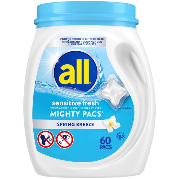 all Sensitive Fresh Mighty Pacs Laundry Detergent Pacs, Hypoallergenic Spring Breeze Scent, Gentle for Sensitive Skin, 60 Count, HE Compatible