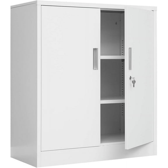 Metal Storage Cabinets with Shelves and Doors, Steel Locking Storage Cabinet for Kitchen, Entryway, Living Room, Home Office, Garage, Utility Room and Basement, 36.2" H x 31.5" W x 15.7" D (White)