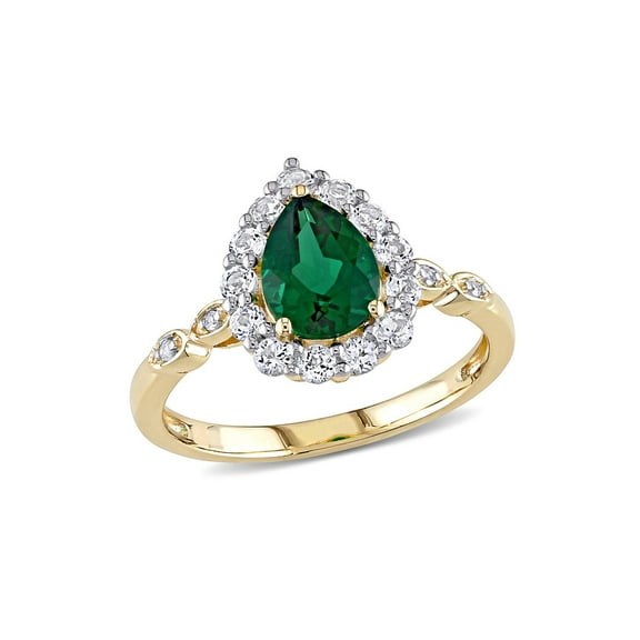 1.67 Carat (Ctw) Lab-Created Green Emerald and White Topaz Halo Ring in 10K Yellow Gold for Women