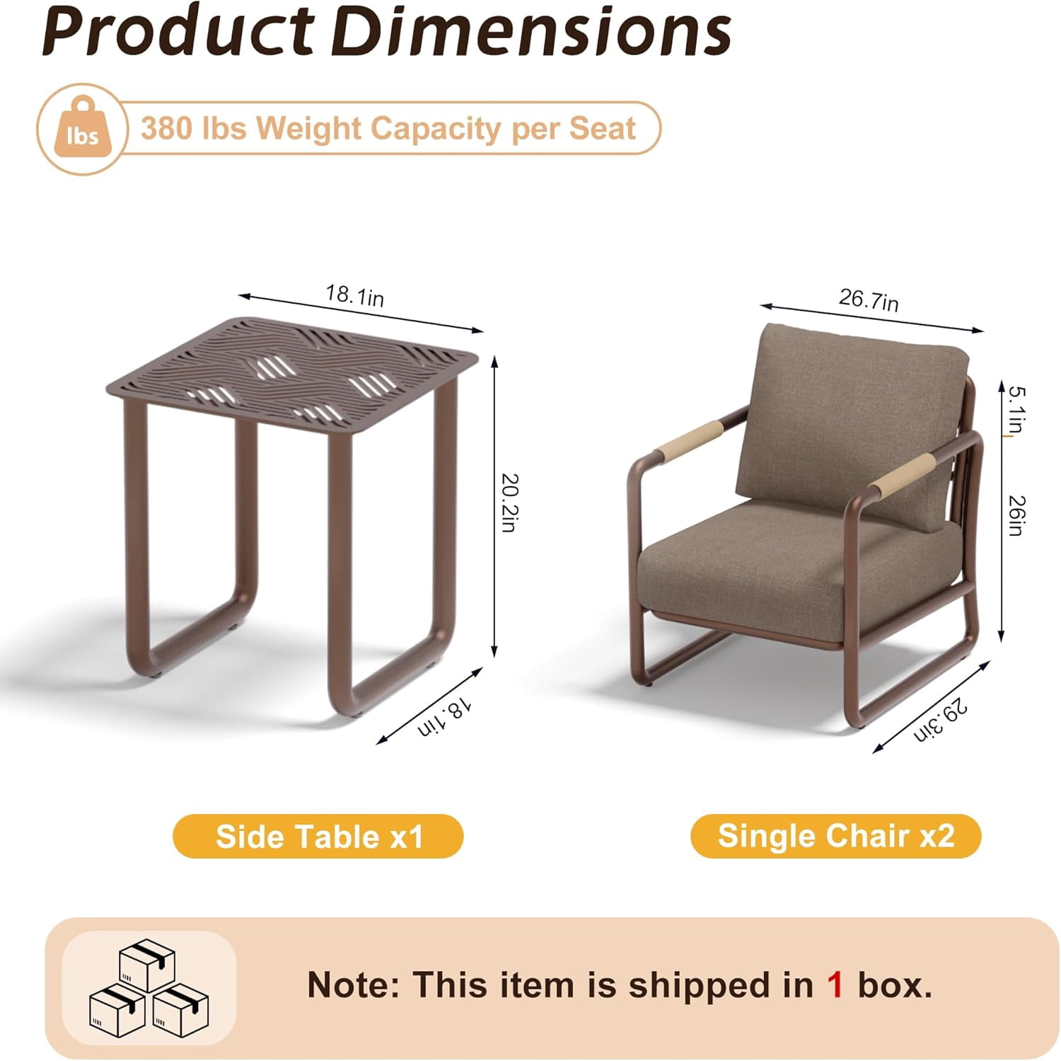 MBY Aluminum Outdoor Patio Furniture Set, 2-Seat Sofa with Coffee Table and Cushions, Weather-Resistant for Garden or Pool-Brown