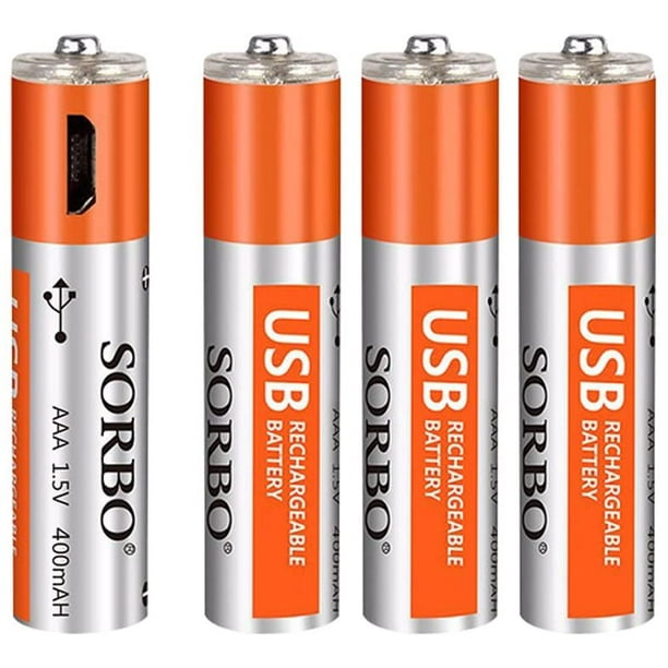 Batteries AAA - Piles Rechargeables Triple un Lithium - Port de Charge  Micro USB, 1.5V/ 400mAh, Préchargé, 1000 