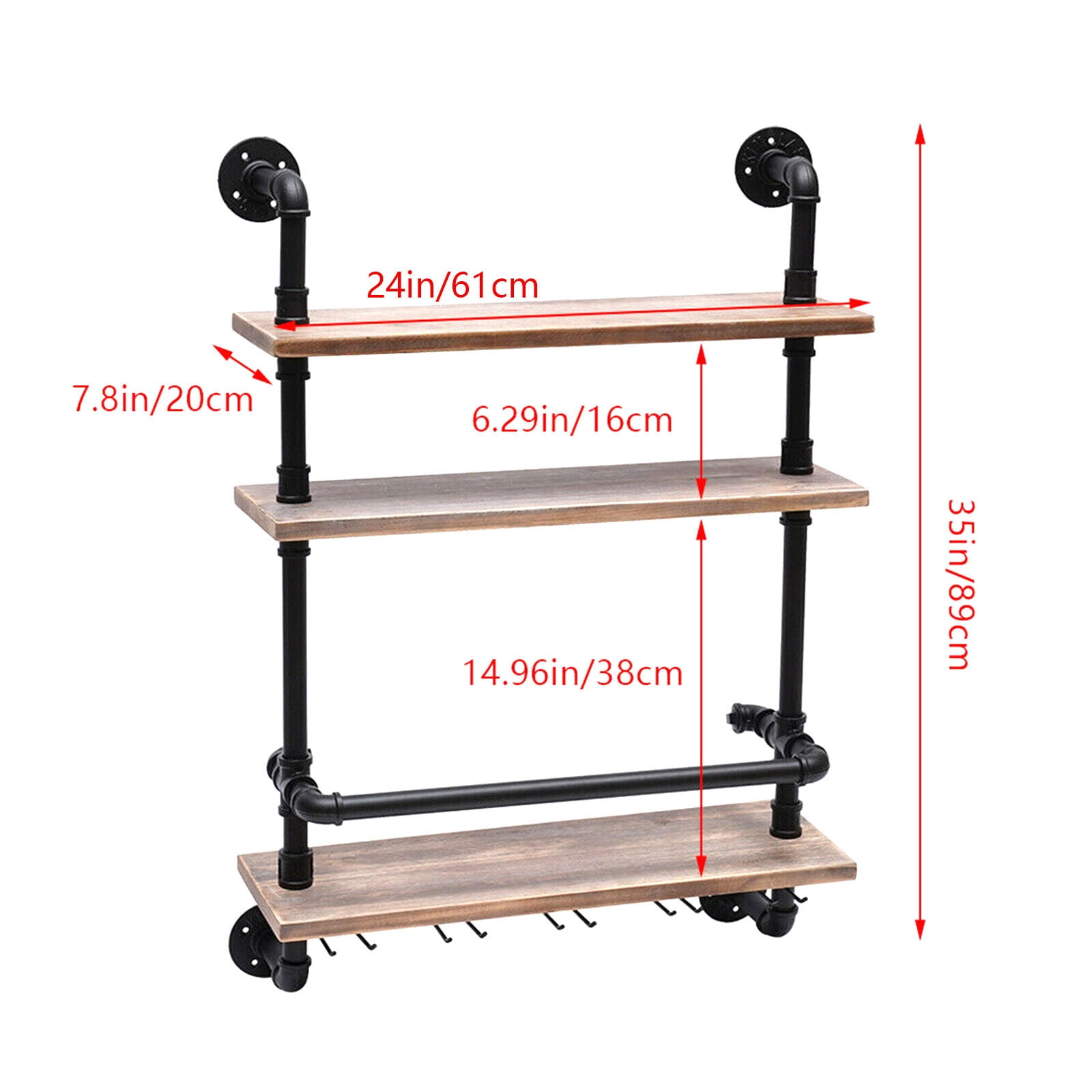 Oukaning Industrial Pipe Wine Rack Bar Shelves Wall Mounted Glass