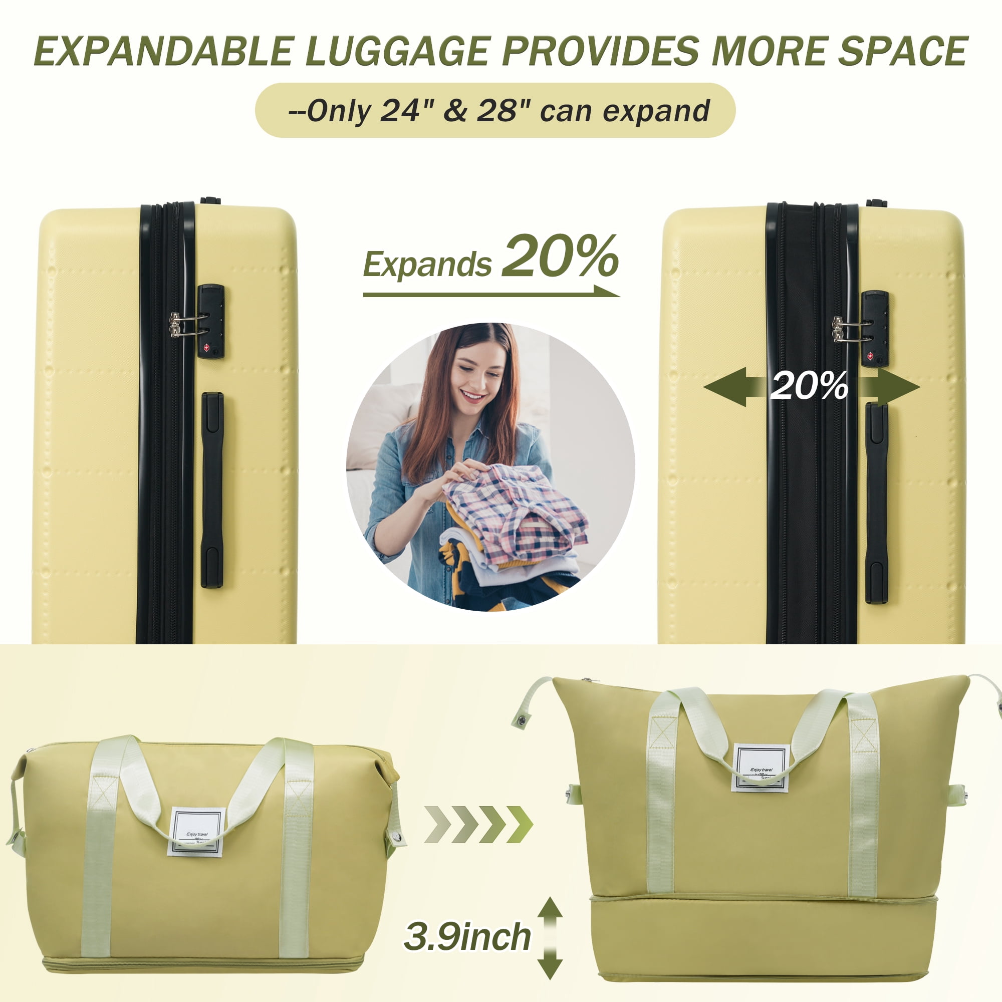 Hardside Luggage Set 5 Piece with Bags,20IN Half-opening Carry on Luggage with USB Port, Expandable 24IN 28IN Luggage with Double Spinner Wheels TSA Lock