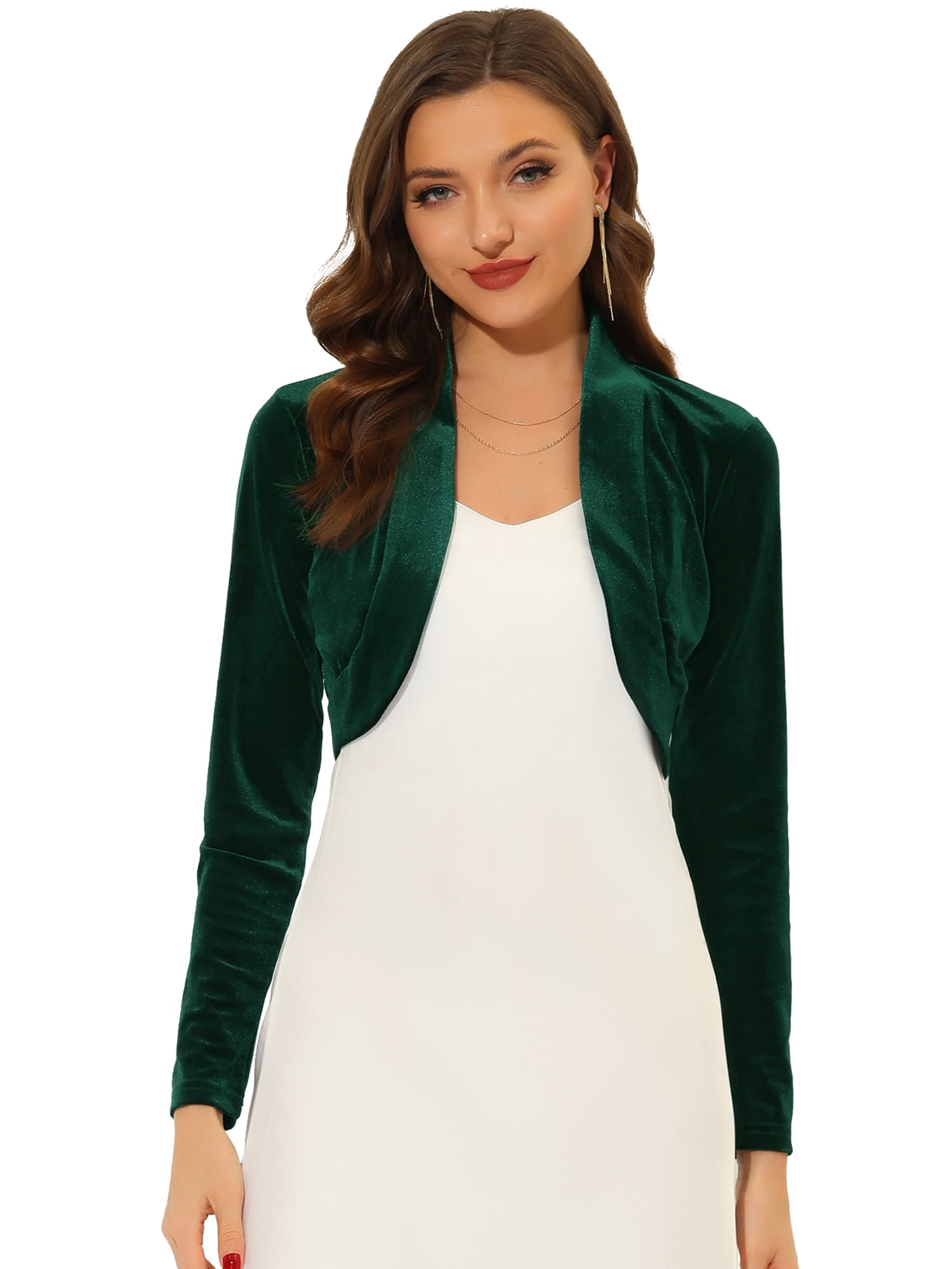 DARING DIVA Women's Velvet Open Front Cropped Bolero Cardigan M Dark Green