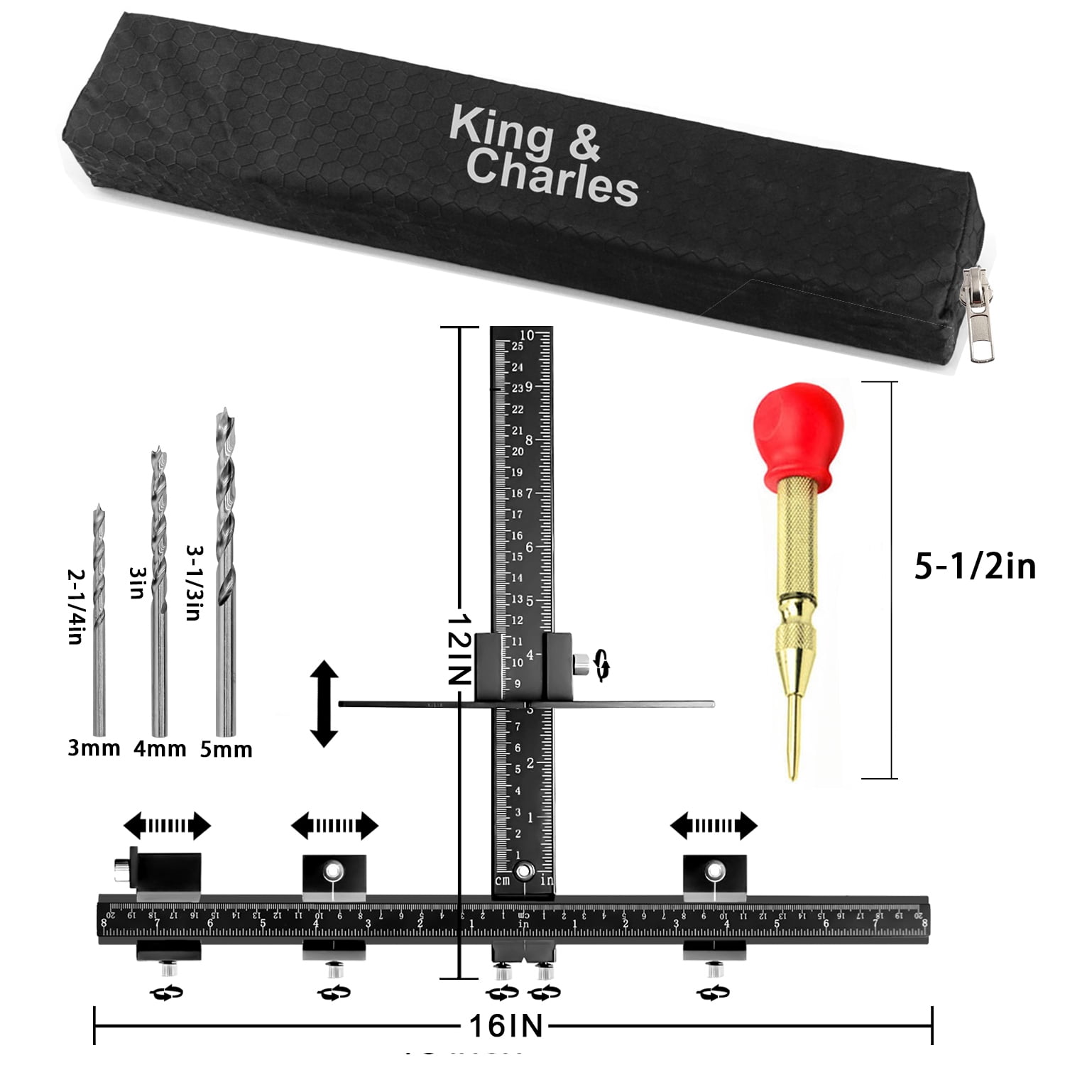 King&Charles Cabinet Hardware Jig, Aluminum Alloy Cabinet Handle Jig + Auto Hole Punch + Point Drils Bits, Use for Handles Knobs Pulls on Drawers/Doors, Wood Drilling Dowelling Guide Set.