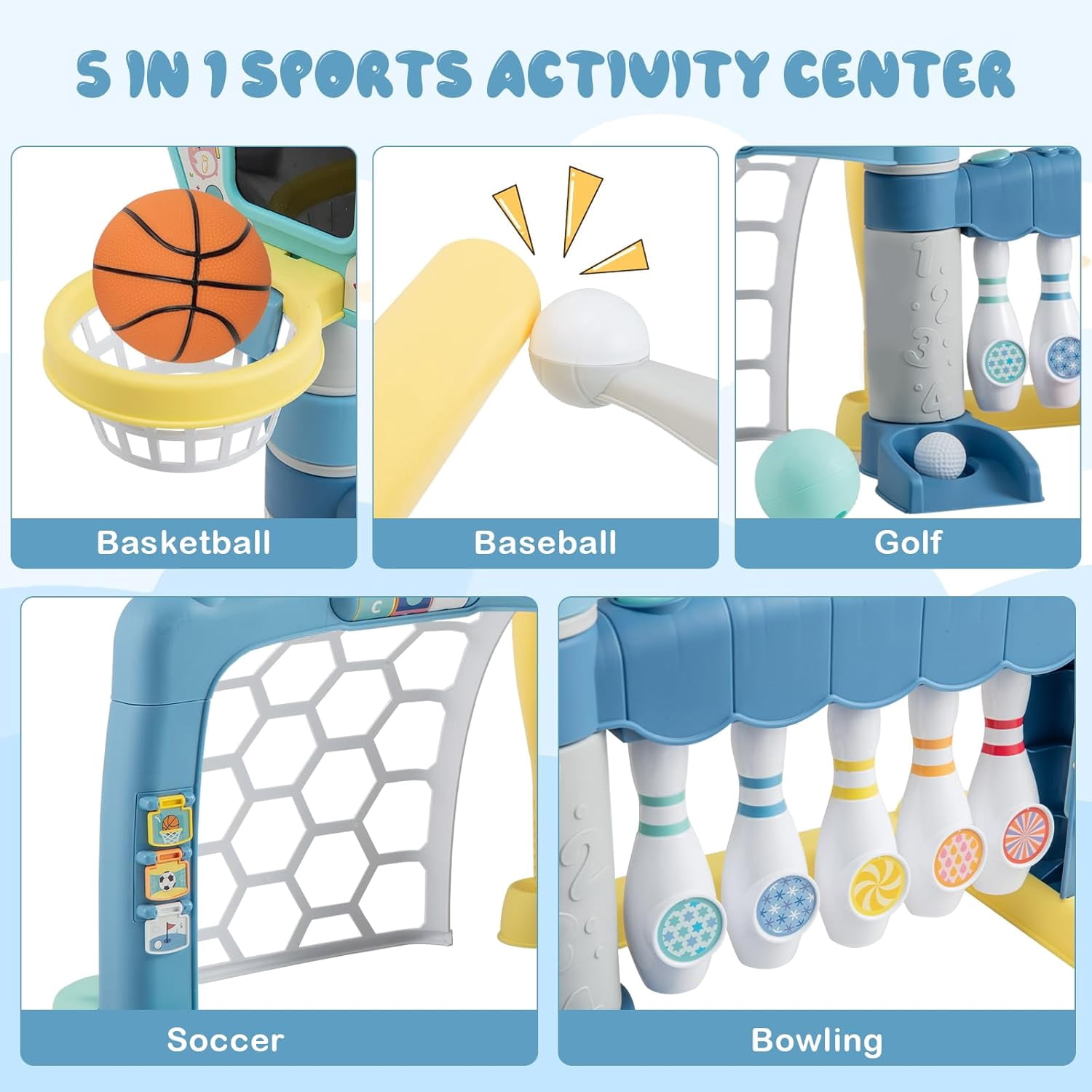 OLAKIDS Toddler Basketball Hoop, 5 in 1 Adjustable Baby Sports Activity Center Soccer Bowling Baseball Golf Set, Indoor Outdoor Foldable Kids Play Toy Birthday Gift with Light Music for Boys Girls