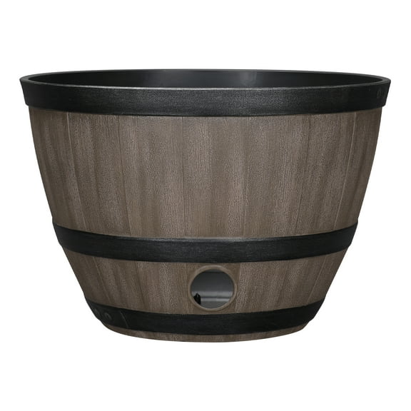 Expert Gardener Whiskey Barrel Hose Pot, Walnut Brown, 18 in x 18 in x 12 in, 100% Recycled Resin, Removable Drainage Plug