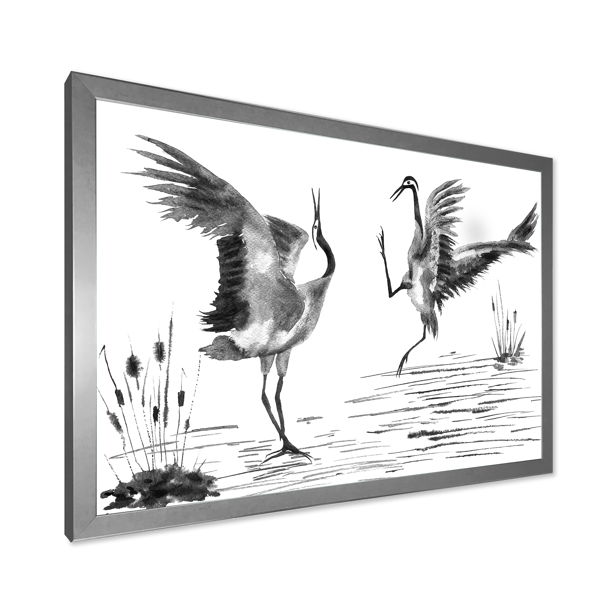 Designart 'Monochrome Two Enamored Japanese Cranes Birds' Traditional Framed Art Print