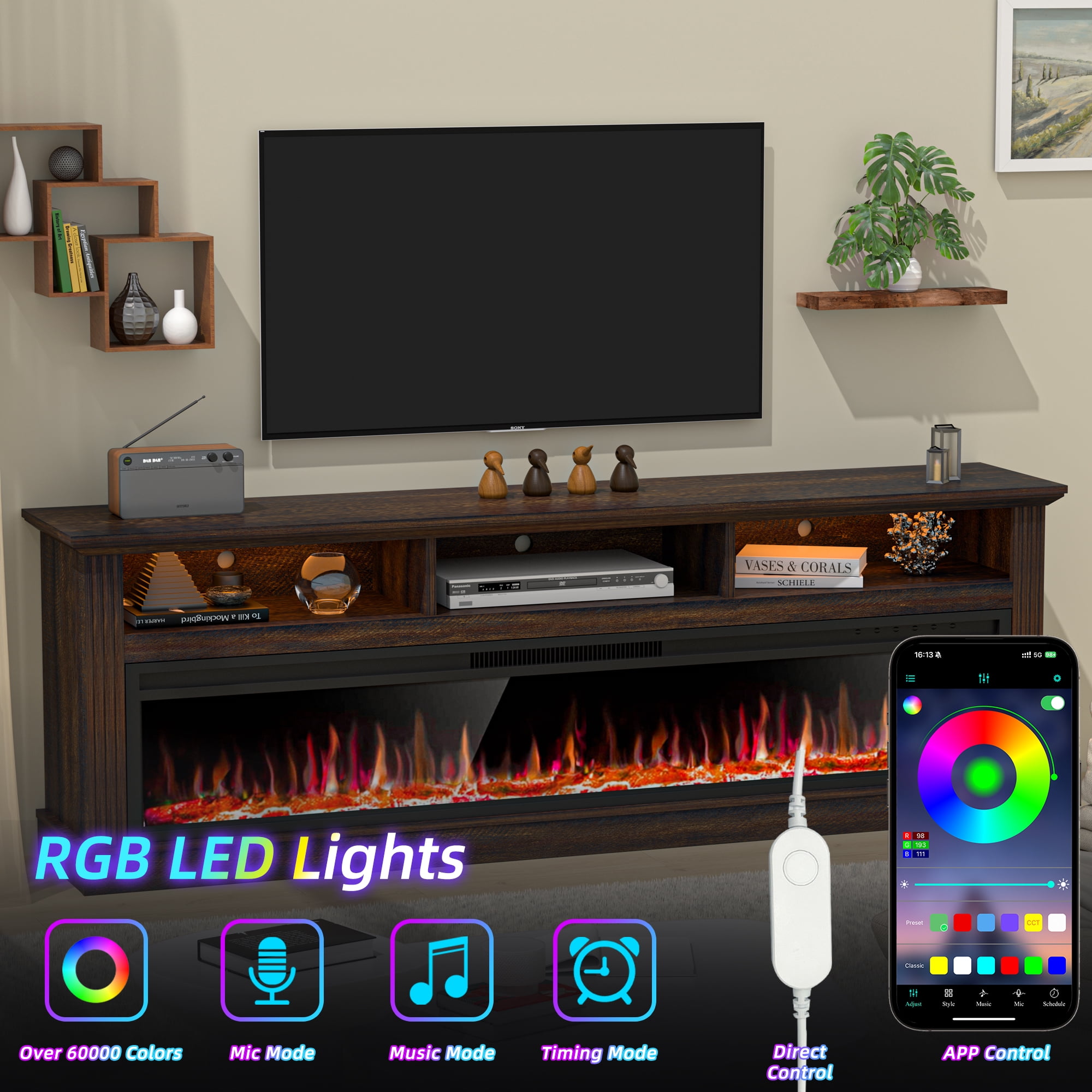 HARIPUL 58" Fireplace TV Stand for TVs Up to 65" with 52" Electric Fireplace,White Entertainment Center with Storage Cabinets,Led Light TV Consoles for Living Room,Brown/Log Fireplace