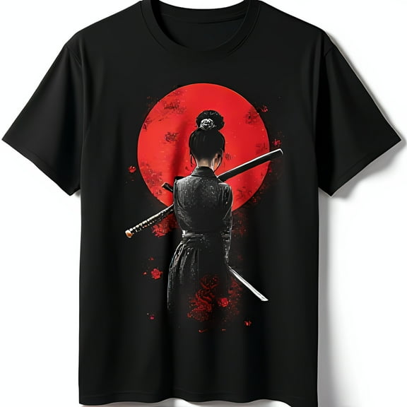 Your Style Black T-Shirt with Samurai Woman Graphic