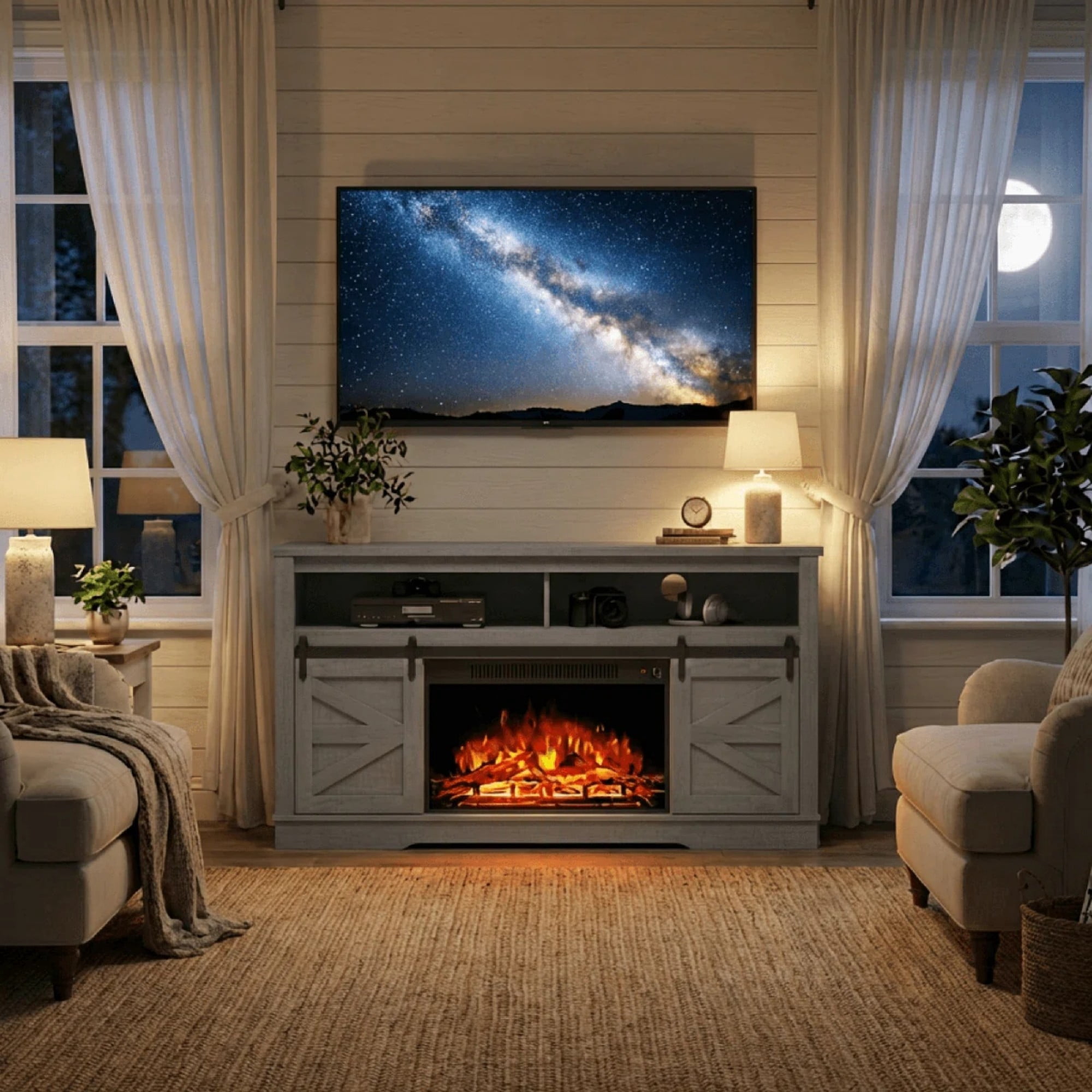 Homall Modern Farmhouse TV Stand with Electric Fireplace Media Storage TV Console Sliding Cabinet Doors,Gray