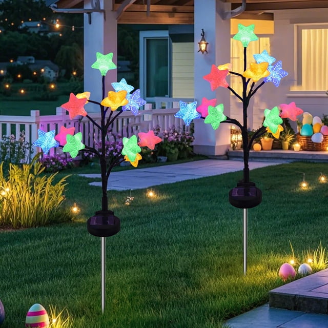 Outdoor Solar Easter Decoration 2 Sets LED Easter Eggs Street Lights With Stainless Steel Stakes 2 Modes Waterproof Easter Eggs Lights For Yard Decoration