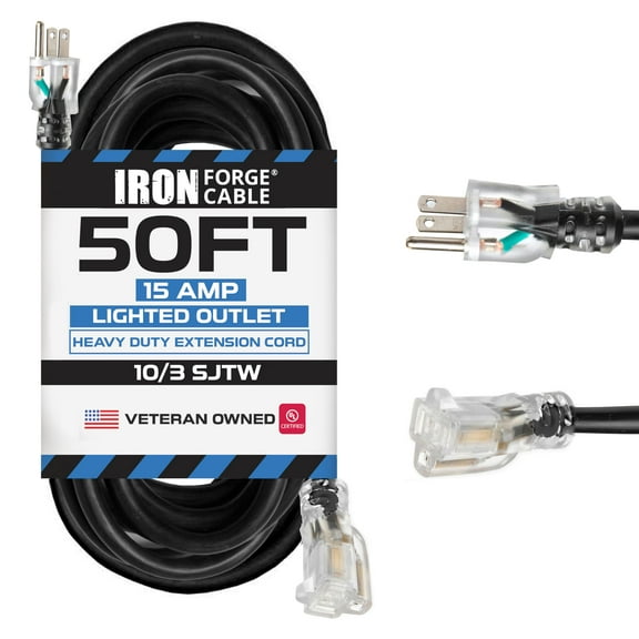 Iron Forge Cable 50 ft Lighted Outdoor Extension Cord - 10/3 SJTW Heavy Duty Black Extension Cable with 3 Prong 15 AMP Grounded Plug for Safety