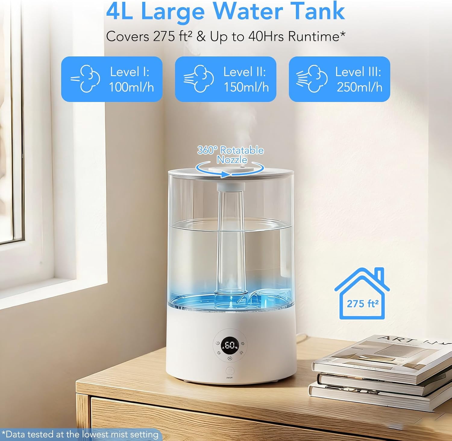 4L Top Fill Humidifier for Bedroom, Auto Constant Humidity, Smart Control, Quiet Ultrasonic Cool Mist, 360° Nozzle, 3 Mist Levels, 7-Color Light for Home Office Baby Room