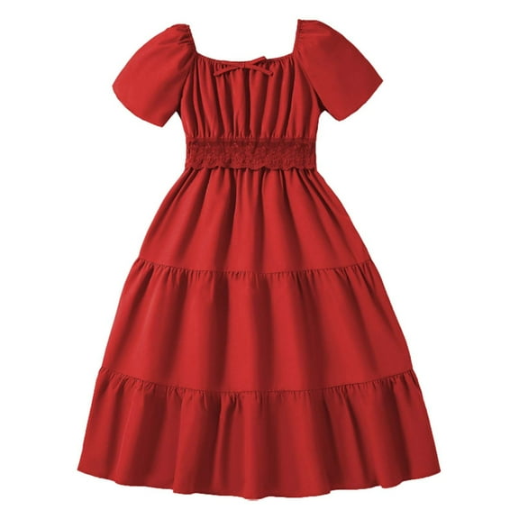 Hihipz Toddler Girls Dresses Summer Square Collar Short Sleeve Waist A Line Dress Kids Girls Birthday Dance Party Retro Princess Dress,8 -9 Years