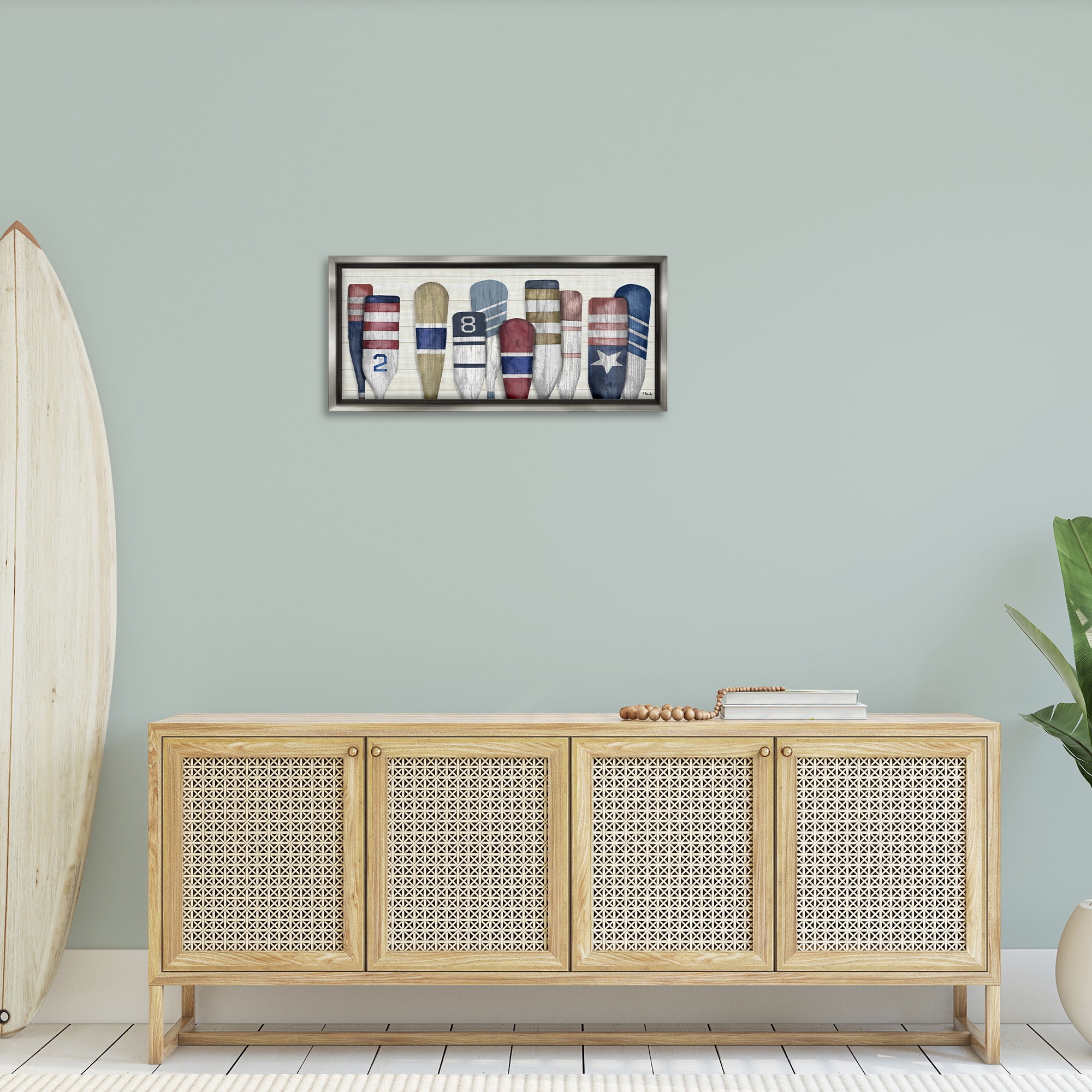 Stupell Industries Port Oars Vintage Americana Patterns Nature Painting Gray Floater Framed Canvas Art Print Wall Art, 31 x 14