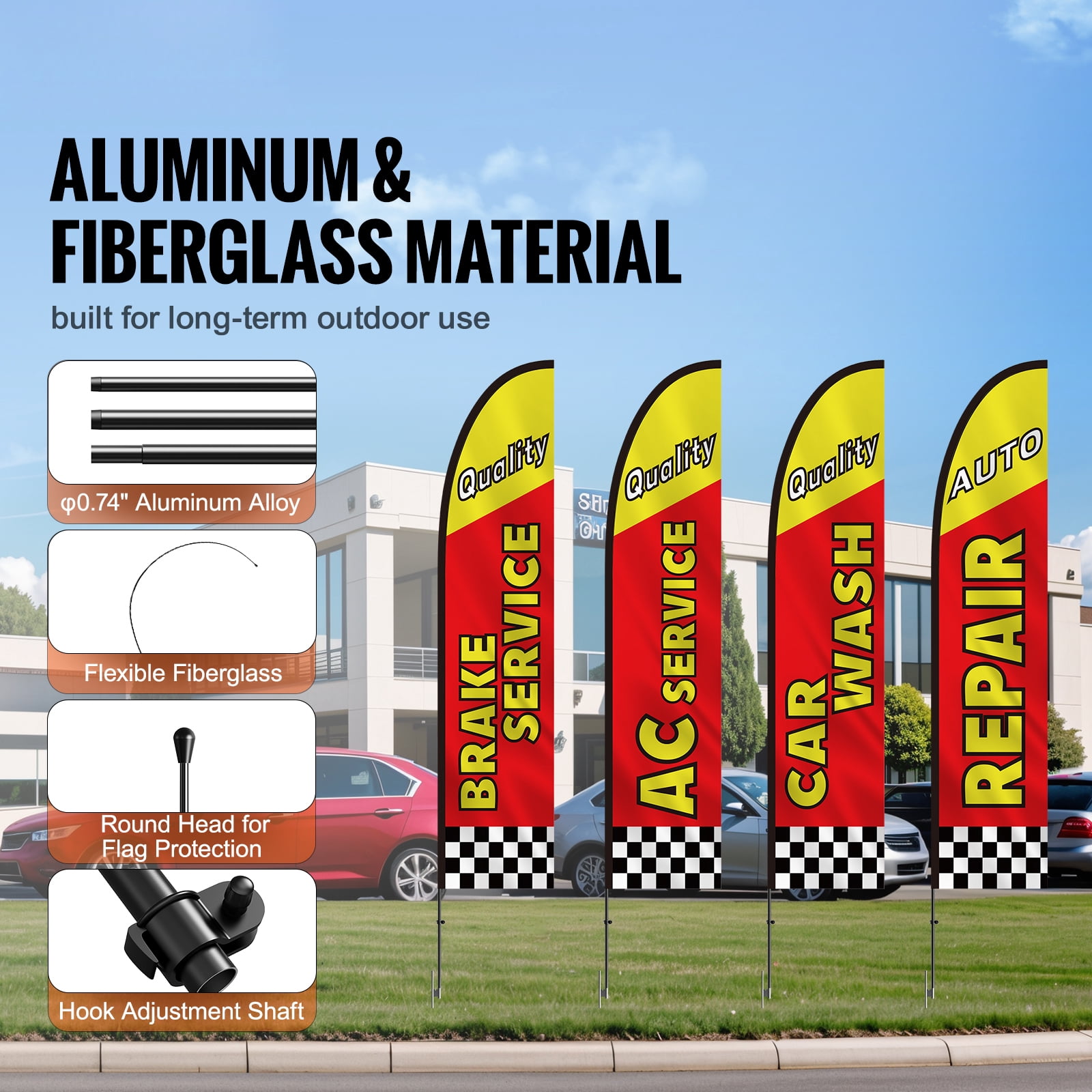 KFFKFF Automotive Service Promotional Feather Banner, Outdoor Business Advertising Flag Set, Comes with 4 Flags, 4 Poles, 4 Ground Spikes, Flutter Flags for Commercial Use 16.3 FT