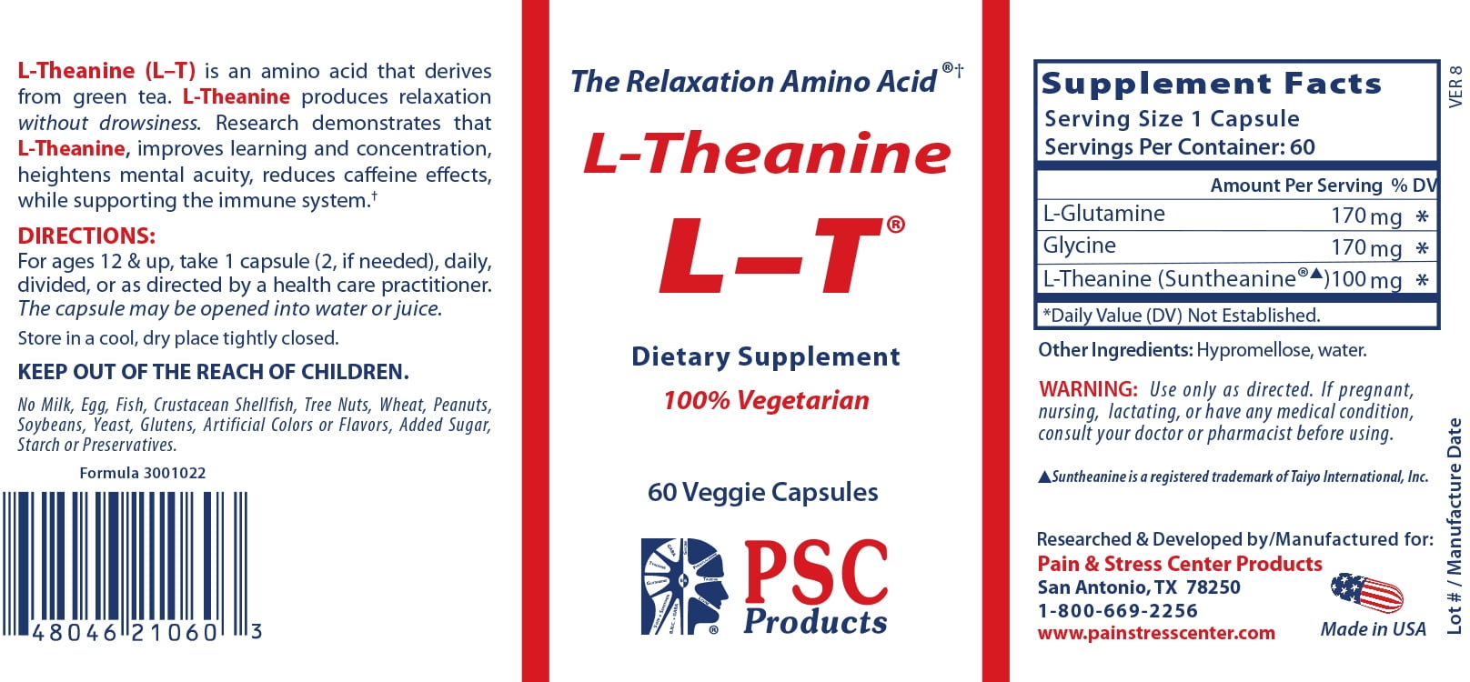 L-T® Complex L-Theanine 100 mg Stress Support Supplement with L-Glutamine and  Glycine, 60 Capsules