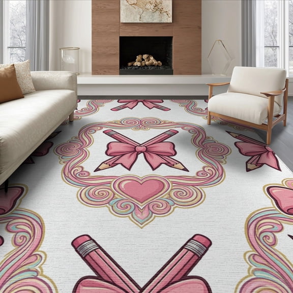 ODIKA 8'x10' Washable Area Rug Coquette Vintage Kawaii Swirl Border School Classroom Pencil Pink Refined for Living Room, Under Sectional, Family , Durable, Non-Slip