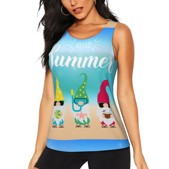 Balery Hello Summer Gnome 1 Camiseta sin mangas estampada ligera para mujer, tops de entrenamiento sin mangas, camisetas de yoga transpirables de secado rápido.-XX-Large
