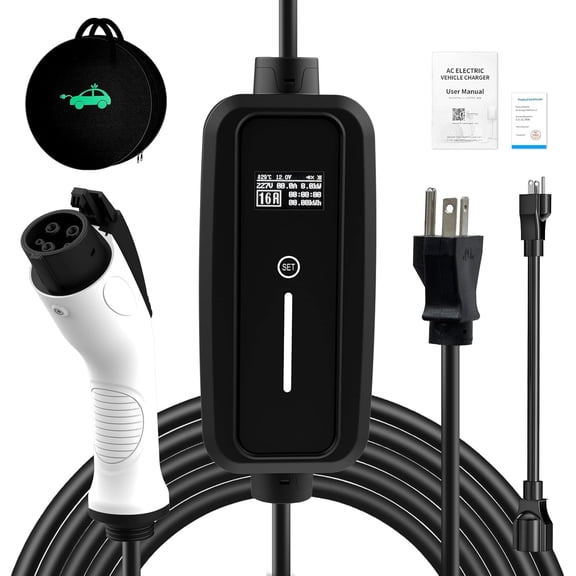 SubSun Portable Electric Vehicle Charger with NEMA Plug, Adjustable Current/Delay Charging for SEA J1772 EVs (16A 220V EV Charger, 16A-Level 1 2(for J1772 EVs))