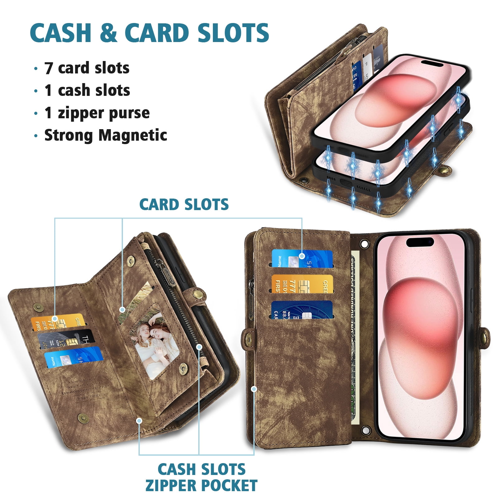 Compatible with iPhone 15 Plus 6.7 inch Phone Case Zipper Wallet Detachable Tempered Glass Screen Protector Lanyard Strap Flip Card Holder Cell Cover for i Phone15 15+ i15 + 15Plus Women Brown
