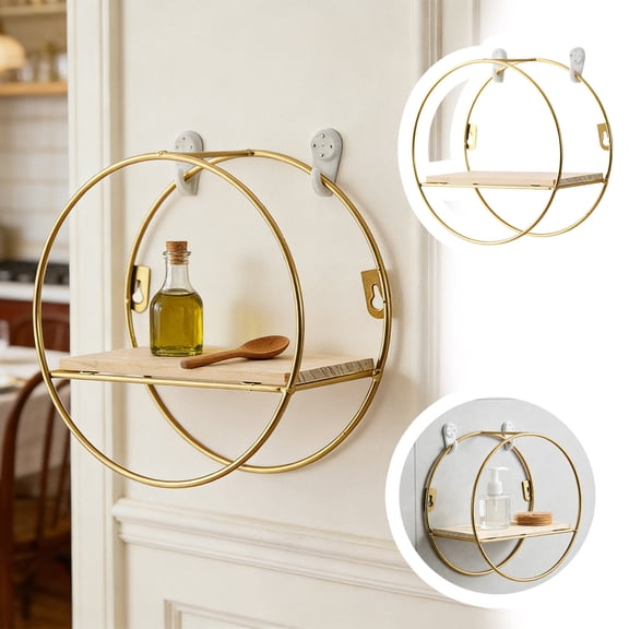 Wall Round Floating Shelves, Gold Metal Moon Shaped Display Shelf Decorative Organizer Storage Display Rack For Living Rooms Bedrooms Kitchens Office 7.9"X7.9"X4.1" Home Decor